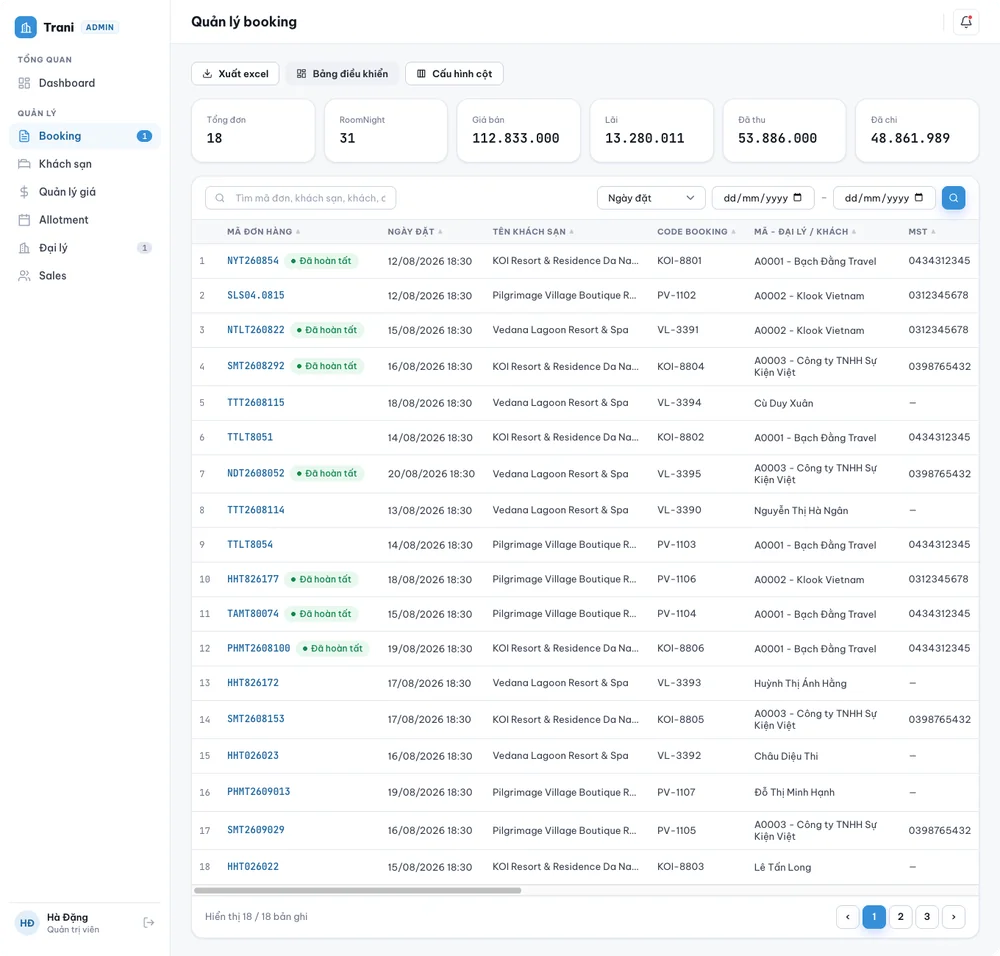TraniB2B booking system screenshot